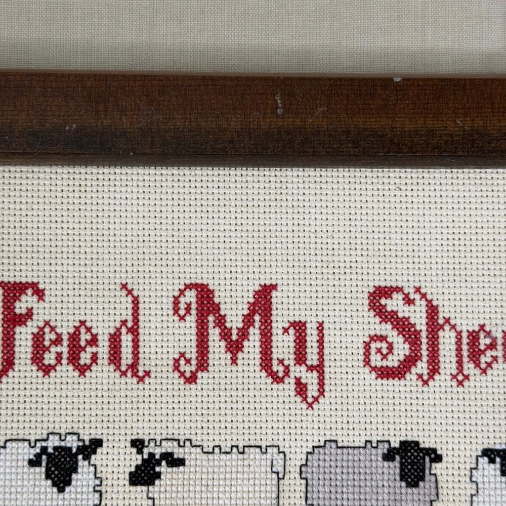 Vintage Feed My Sheep Memo Board Cork Board Wall Organizer Framed Cross Stitch - Picture 4 of 10